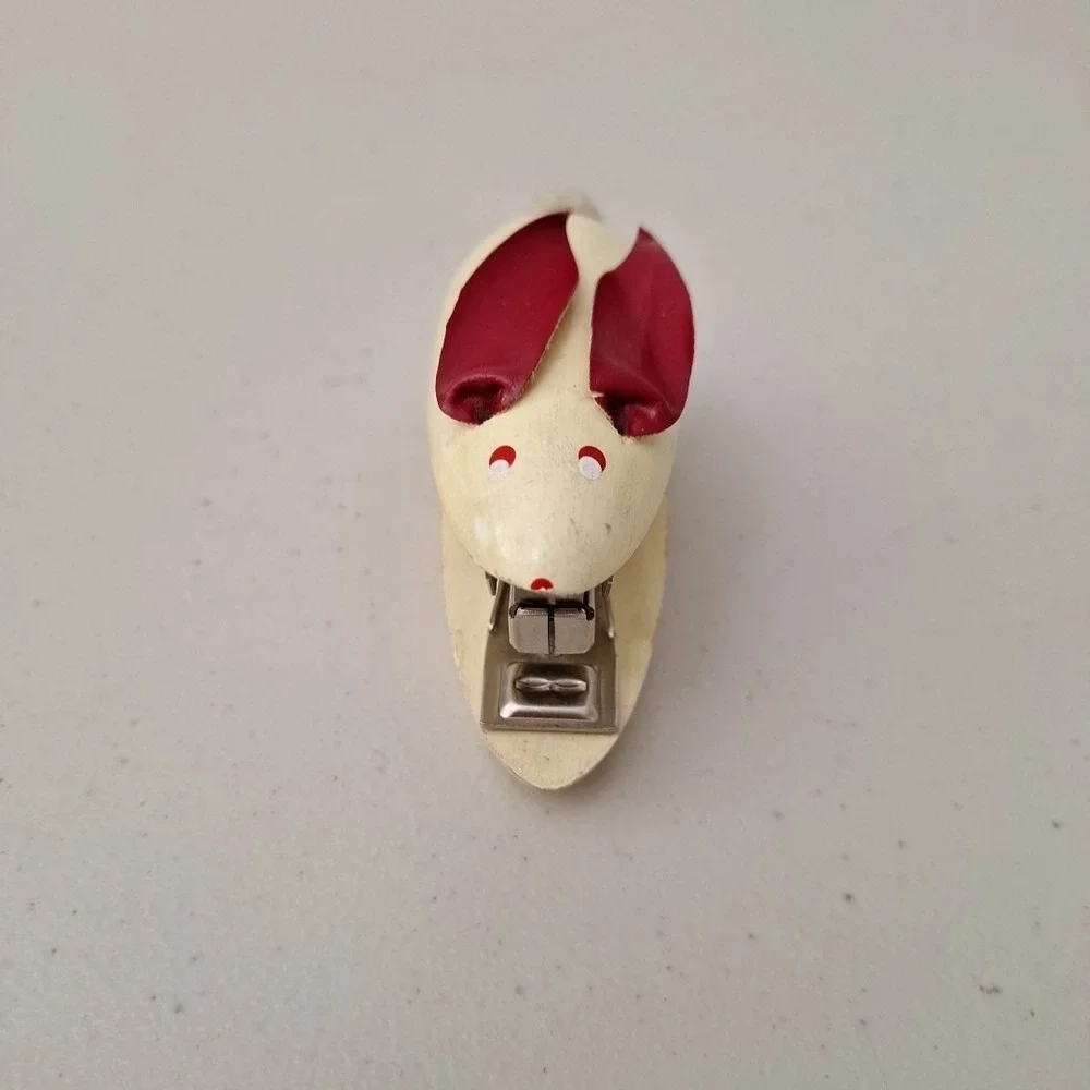 Vintage WOODEN MOUSE STAPLER 1950's Mid-Century Modern Leather Ears Painted